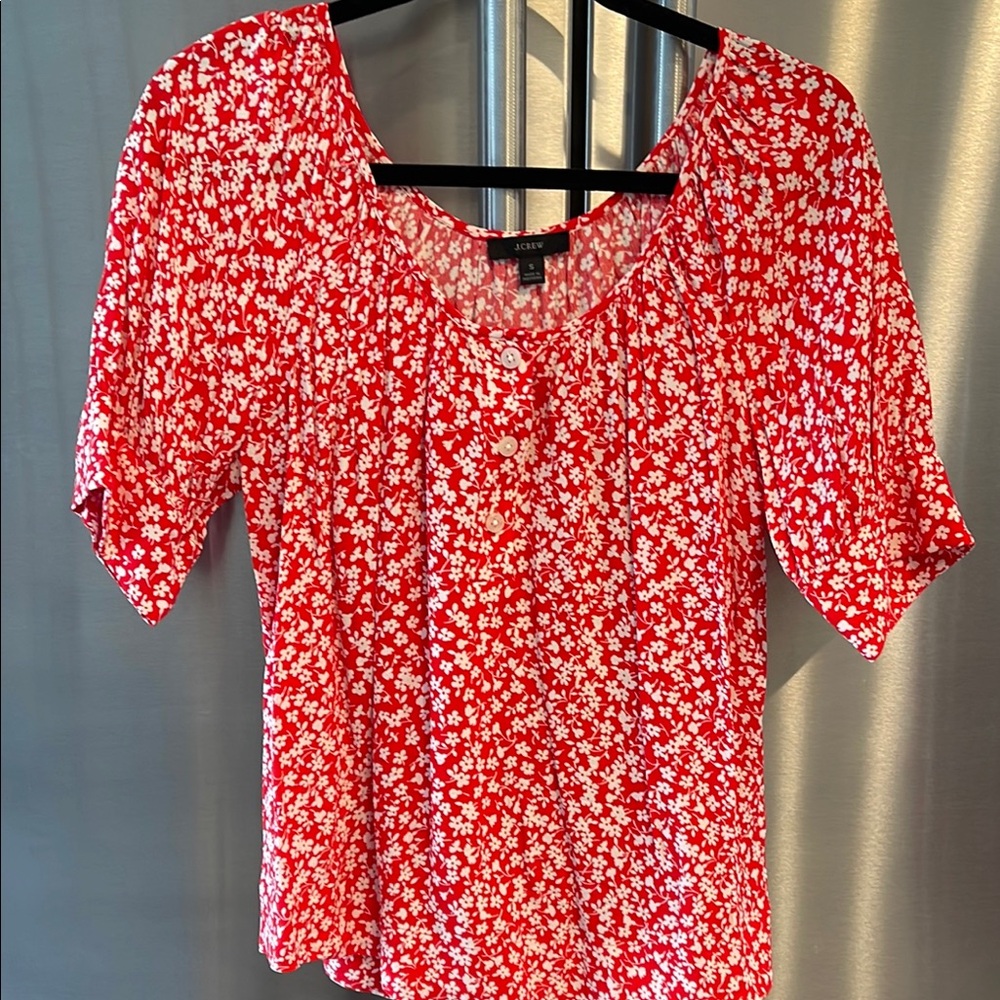 J. Crew Red and White Puff Sleeve Blouse